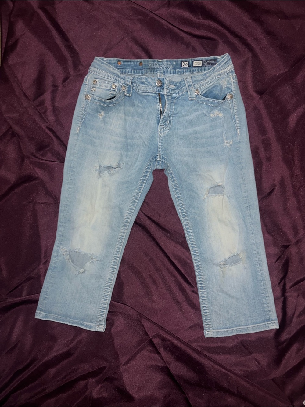 Miss Me Light Wash Distressed Denim Capris